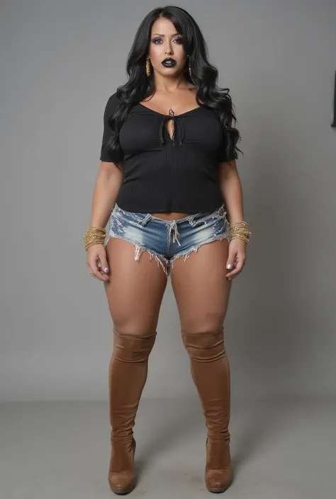 Mature woman standing posing  . Tall Thick body woman wearing tight black small top and damaged denim shorts brown knee high smooth velvet boots. heavy black lipstick . Very long hair like medusa .confident look on face and confident body .background photo...