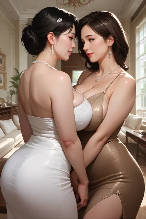 Two Korean Mature Women with Big Breasts. mature face. slightly plump body. Each has black hair, brown hair. dress. Two women are looking at each other. Mansion living room background. Realistic picture quality .