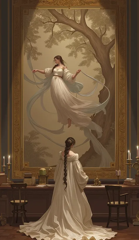 a woman elegantly dressed in a flowing, traditional gown (specify style: e.g., Renaissance, Medieval, Fantasy, or describe). She is standing in a (Grand Hall / Library / Museum Gallery - choose one) adorned with a large, intricate tapestry depicting a sce...