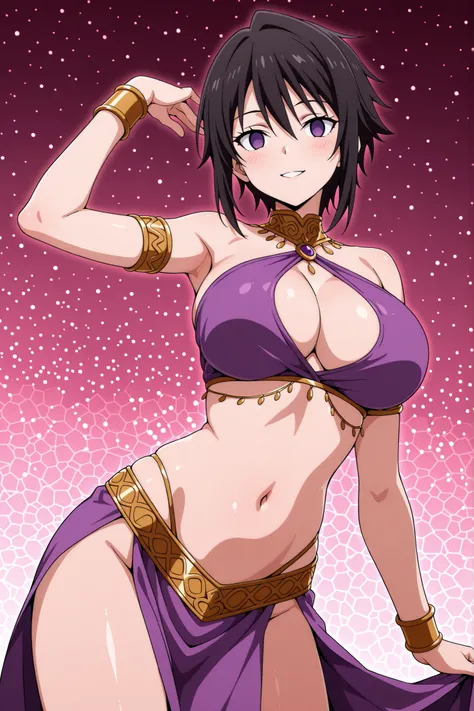score_9, score_8_up, score_7_up, score_6_up, source_anime, arabian clothes, dancer, belly dancing, armlet, dancing, smile, blush, cowboy shot,SakaguchiHinata,short hair, black hair, purple eyes, 1girl, solo, empty eyes, big breasts, mind control, best qua...