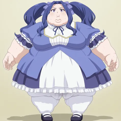 1girl, solo, meltyqm, blue dress, neck ribbon, hair bow, white pantyhose, mary janes, blank_stare, empty_stare,  fat, chubby, obese, gigantic arms and legs, large breasts, sweating, wet body, swollen face, Fat_neck , Fat head , eyes with crushed cheeks , n...