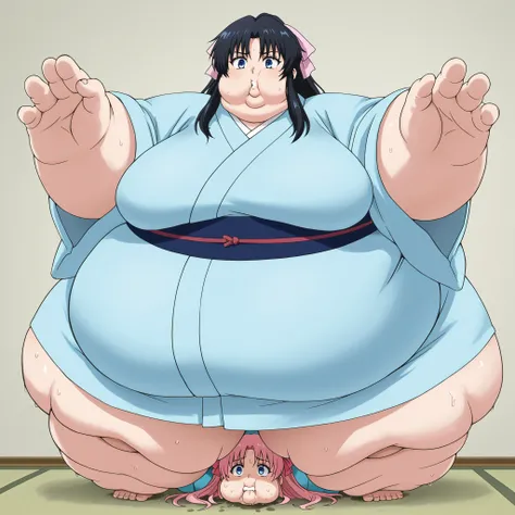 Kaoru Kamiya, Kaoru Kamiya,　 long hair, pink barrette ribbon , bangs, blue eyes, Thighs, Black Hair, light blue kimono ,　Navy blue Kimono obi , kimono, blank_stare, empty_stare,  fat, chubby, obese, gigantic arms and legs, large breasts, sweating, wet body...