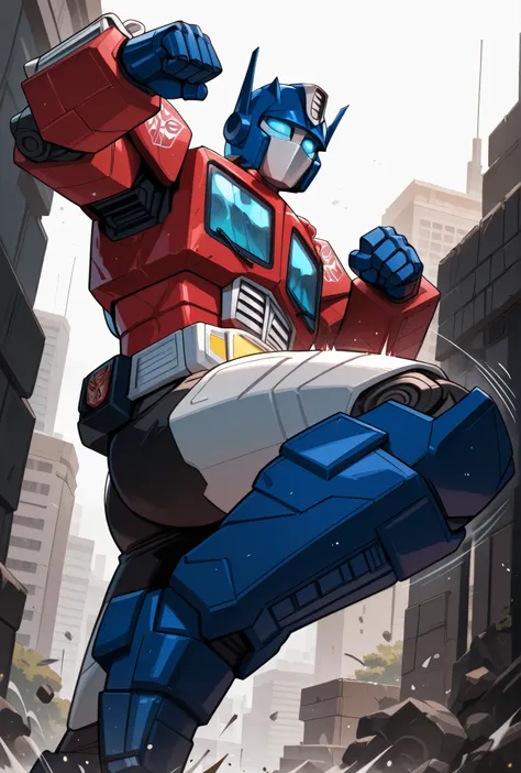  optimus, robot, mecha, autobot ,   battoujutsu stance, solo, masterpiece, best quality, amazing quality, very aesthetic, absurdres, newest,  kamen rider kick, looking at viewer, open mouth, kicking, flying kick, motion lines, motion, hands up, clenched fi...