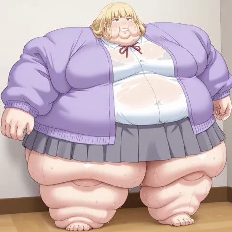 1girl, white shirt, school uniform, brown eyes, skirt, breasts, blonde hair, purple jacket, smile, blank_stare, empty_stare,  fat, chubby, obese, gigantic arms and legs, large breasts, sweating, wet body, swollen face, Fat_neck , Fat head , eyes with crush...