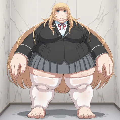 1girl, girl, aamarie, blue eyes, blonde hair, blunt bangs, marieschool, school uniform, red neck ribbon, white dress shirt, black blazer, grey skirt, pleated skirt, white thighhighs, blank_stare, empty_stare,  fat, chubby, obese, gigantic arms and legs, la...