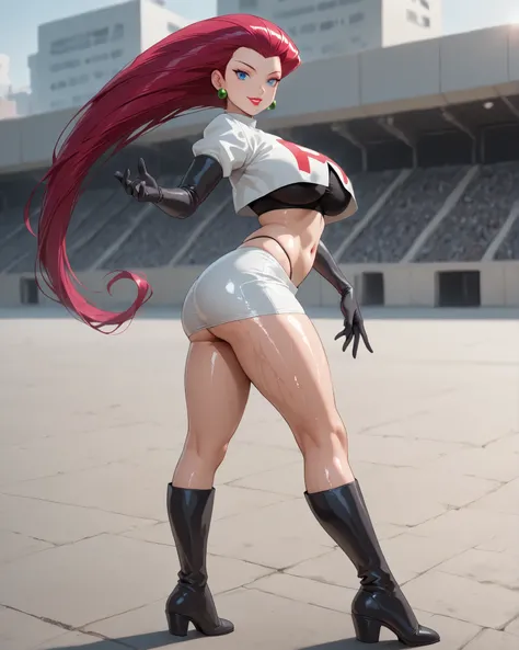 big boobs、Sexy、semi-real、Beautiful Long Lashes, ultra detailed, full body, Jessie, solo, beautiful face, blue eyes, smile, parted lips, glossy lips, lipstick, makeup, red hair, hair slicked back, oiled skin, thong, juicy ass, sexy adult, white jacket, crop...