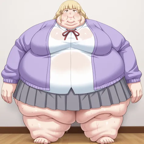 1girl, white shirt, school uniform, brown eyes, skirt, breasts, blonde hair, purple jacket, smile, blank_stare, empty_stare,  fat, chubby, obese, gigantic arms and legs, large breasts, sweating, wet body, swollen face, Fat_neck , Fat head , eyes with crush...