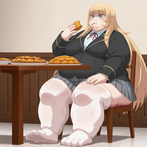 1girl, girl, aamarie, blue eyes, blonde hair, blunt bangs, marieschool, school uniform, red neck ribbon, white dress shirt, black blazer, grey skirt, pleated skirt, white thighhighs, blank_stare, empty_stare,  fat, chubby, obese, gigantic arms and legs, la...