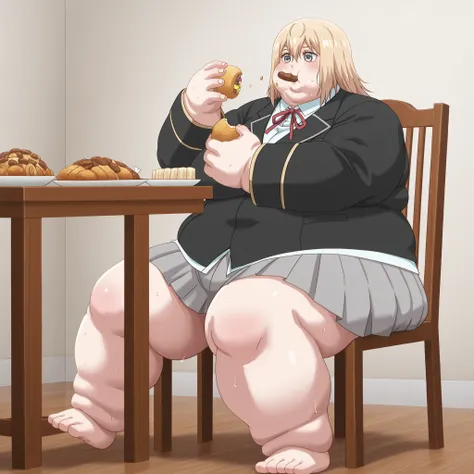 1girl, girl, indoors, aaolivia, blue eyes, blonde hair, oliviaschool, red neck ribbon, white dress shirt, black blazer, grey skirt, pleated skirt, blank_stare, empty_stare,  fat, chubby, obese, gigantic arms and legs, large breasts, sweating, wet body, swo...