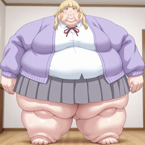 1girl, white shirt, school uniform, brown eyes, skirt, breasts, blonde hair, purple jacket, smile, blank_stare, empty_stare,  fat, chubby, obese, gigantic arms and legs, large breasts, sweating, wet body, swollen face, Fat_neck , Fat head , eyes with crush...