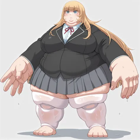 1girl, girl, aamarie, blue eyes, blonde hair, blunt bangs, marieschool, school uniform, red neck ribbon, white dress shirt, black blazer, grey skirt, pleated skirt, white thighhighs, blank_stare, empty_stare,  fat, chubby, obese, gigantic arms and legs, la...
