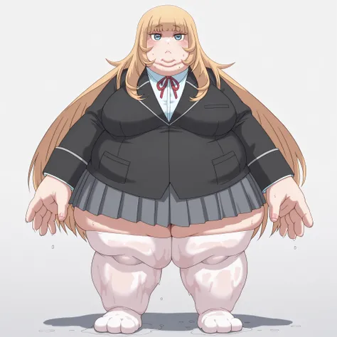 1girl, girl, aamarie, blue eyes, blonde hair, blunt bangs, marieschool, school uniform, red neck ribbon, white dress shirt, black blazer, grey skirt, pleated skirt, white thighhighs, blank_stare, empty_stare,  fat, chubby, obese, gigantic arms and legs, la...