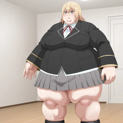 1girl, girl, indoors, aaolivia, blue eyes, blonde hair, oliviaschool, red neck ribbon, white dress shirt, black blazer, grey skirt, pleated skirt, blank_stare, empty_stare,  fat, chubby, obese, gigantic arms and legs, large breasts, sweating, wet body, swo...