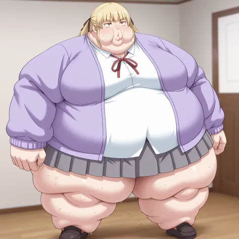 1girl, white shirt, school uniform, brown eyes, skirt, breasts, blonde hair, purple jacket, soaks, shoes, blank_stare, empty_stare,  fat, chubby, obese, gigantic arms and legs, large breasts, sweating, wet body, swollen face, Fat_neck , Fat head , eyes wit...
