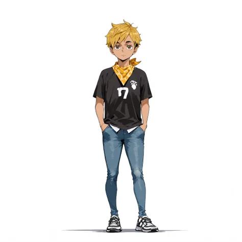 (male), (child)), (fit body), (dark skin), (Caesar hairstyle , blonde hair), (brown eyes), (solo), (single character), (full body version), (white background), (no background), (highly detailed), (shadow), (standing pose with one hand in pocket), (natural ...
