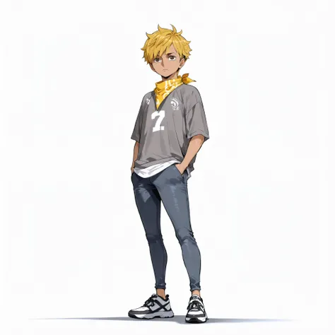 (male), (child)), (fit body), (dark skin), (Caesar hairstyle , blonde hair), (brown eyes), (solo), (single character), (full body version), (white background), (no background), (highly detailed), (shadow), (standing pose with one hand in pocket), (natural ...