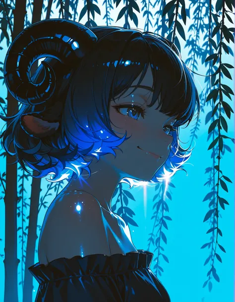 masterpiece, ultra high res, face close-up, psychupus girl, Shiny Black Sheep Horn, mischievous smile standing beside a willow, shiny black hair, Blue Gradient on the Hair, Off Shoulder Color, Reflection of magical light, fine skin, Soft Lighting Effects, ...