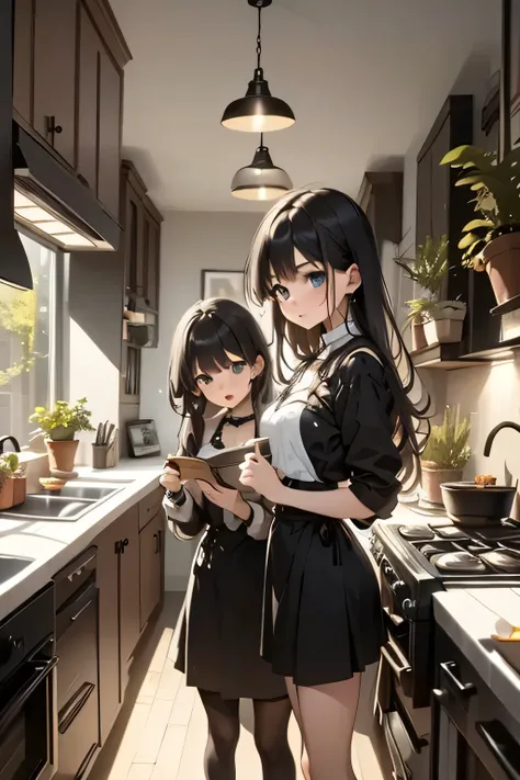 A shared kitchen full of colors, rebellious posters, hanging plants, and girls cooking together in eccentric outfits.