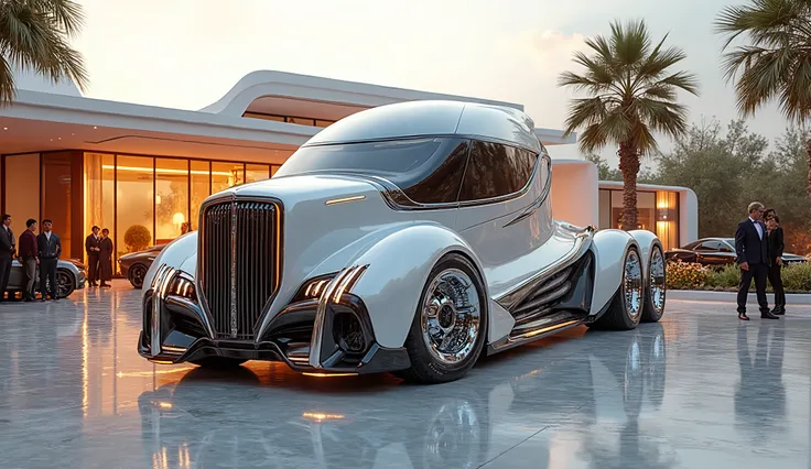 A futuristic American luxury truck named “Harley-Davidson Titan 9097664440986X”, viewed completely from the side, parked in front of a modern luxury villa. The truck has a massive, aerodynamic body, painted in metallic white with carbon fiber details, smoo...