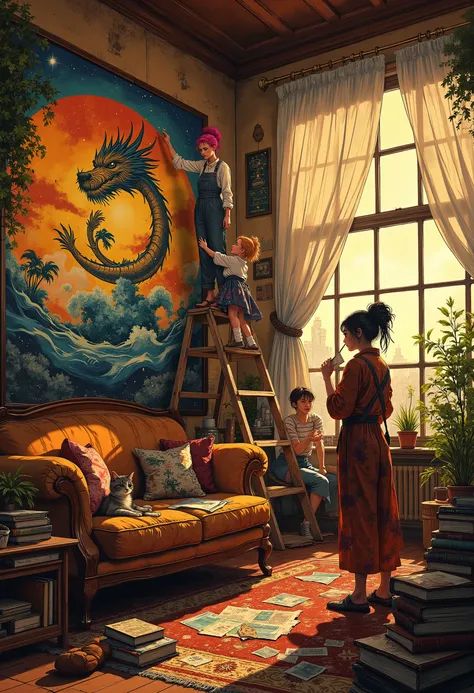 A vibrant, maximalist bohemian interior of the "Rebel Girls' Sharehouse" living room at golden hour. The room is bursting with life and personality. In the center, a diverse group of rebellious young women are collaborating on a huge, hand-painted mural th...