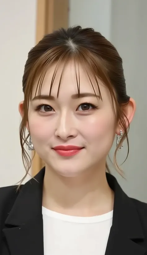 Neat Young Woman、looking at the camera、office lady suit、jacket、shirt、Ear piercings、 、黒髪、歯を見せた笑顔、face close-up、The background is office
