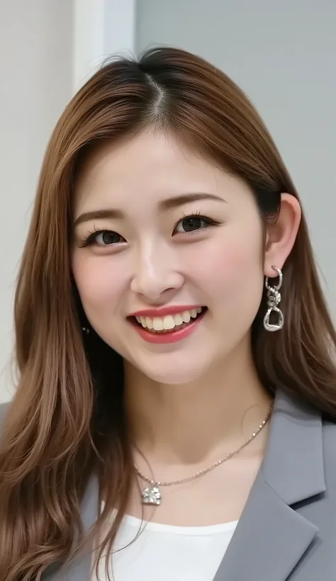 Neat Young Woman、looking at the camera、office lady suit、jacket、shirt、Ear piercings、 、黒髪、歯を見せた笑顔、face close-up、The background is office
