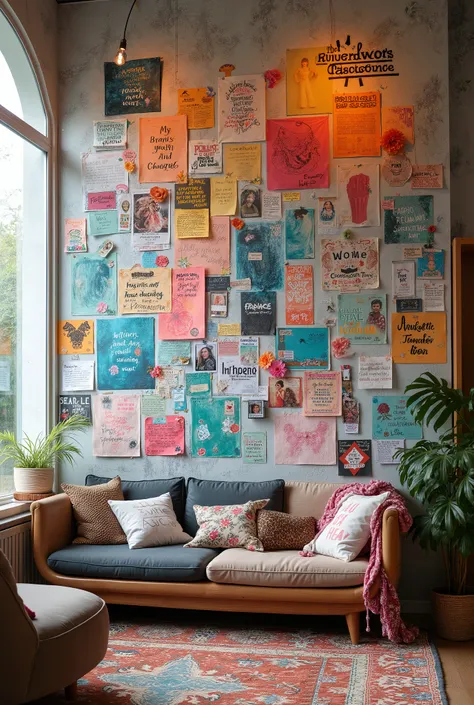 Rebel Girls' Sharehouse, vision Wall. A large wall decorated with collages, photographs, motivational quotes, and hand-drawn art, with girls adding new pieces.