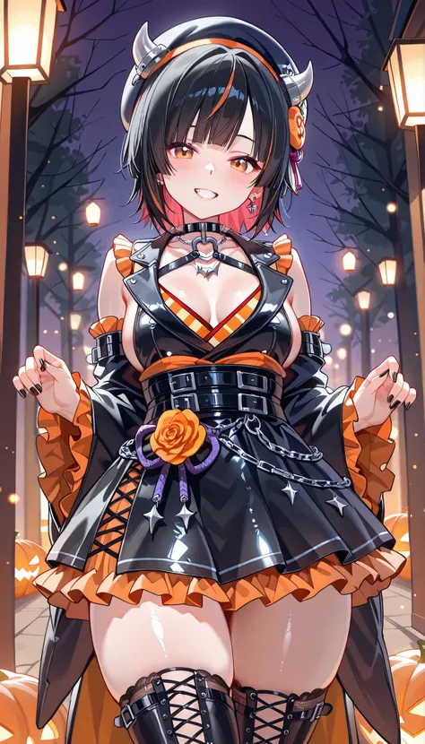 Best Quality, ultra detailed, masterpiece, 8k, 16k, Wallpaper, Anatomically correct, fine detailed skin, fine detailed eyes, fine detailed hair, fine detailed hands, Accurate hands, outdoor, (Halloween background), Halloween-themed costumes, 1 girl, medium...