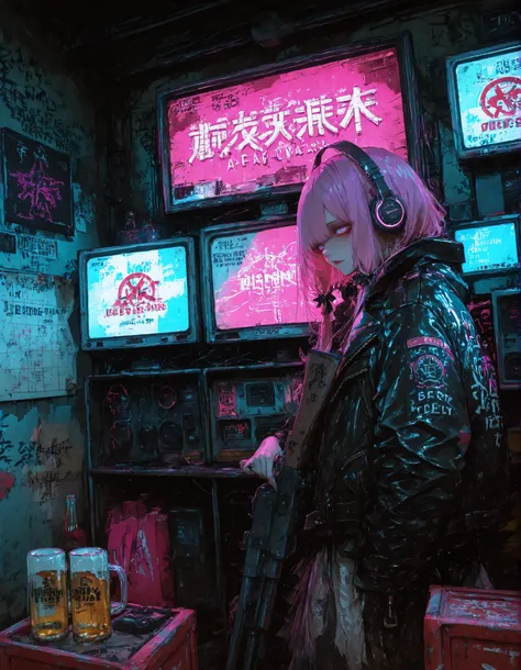 illustrious style, GTA V art style, cinematic shot, "Rebel Girls' Sharehouse" safehouse. A diverse crew of rebellious women in a gritty, lived-in downtown loft at night. The leader, a woman with vibrant pink hair in a tactical vest, points at a large, hand...