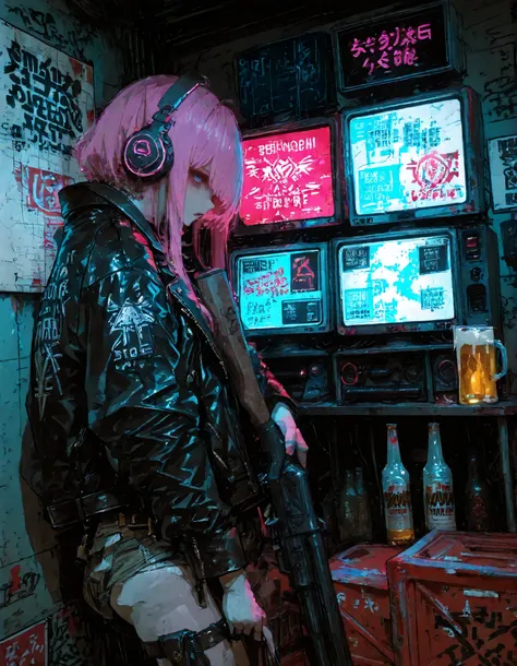 illustrious style, GTA V art style, cinematic shot, "Rebel Girls' Sharehouse" safehouse. A diverse crew of rebellious women in a gritty, lived-in downtown loft at night. The leader, a woman with vibrant pink hair in a tactical vest, points at a large, hand...