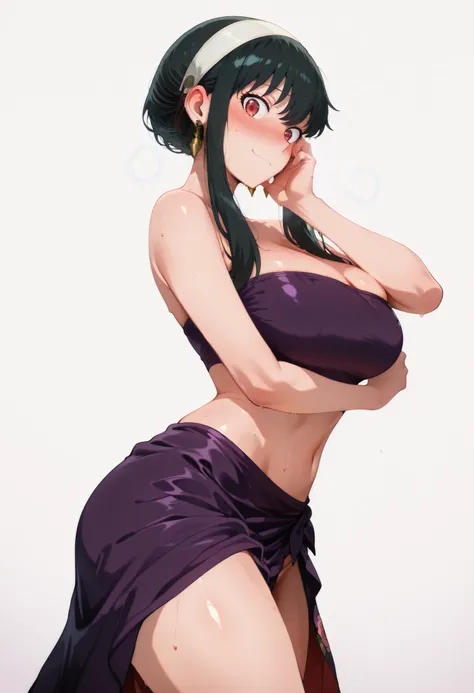 score_9, score_8_up, score_7_up, score_6_up, score_5_up, score_4_up, masterpiece, high quality, yor briar, black hair, red eyes, earrings, white hairband, hairband, long hair, sidelocks, large breasts, shiny skin, shiny hair, shiny body, clear body, large ...