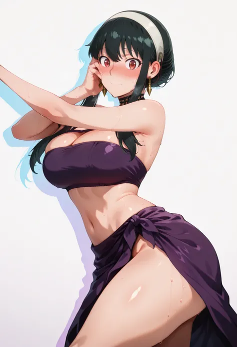 score_9, score_8_up, score_7_up, score_6_up, score_5_up, score_4_up, masterpiece, high quality, yor briar, black hair, red eyes, earrings, white hairband, hairband, long hair, sidelocks, large breasts, shiny skin, shiny hair, shiny body, clear body, large ...