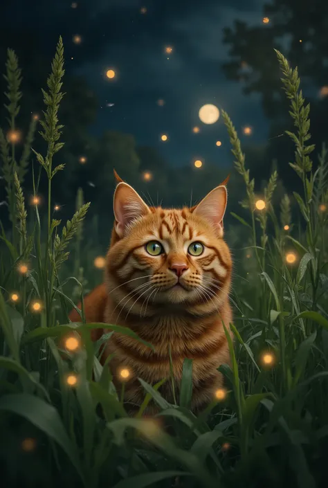 hyperrealistic photograph of a majestic ginger tabby cat at night, peeking through tall dew-covered grass, captivated by floating fireflies. The cat's eyes are wide, reflective and full of wonder. Dozens of bioluminescent fireflies are scattered throughout...