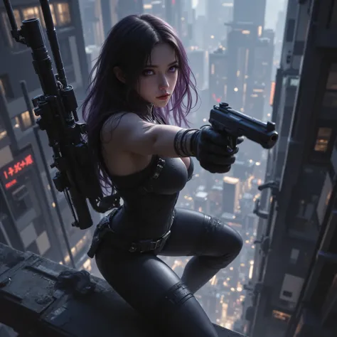 Photorealistic、realistic skin texture、gun、extremely tight cyberpunk suit、beautiful long hair、dim cyberpunk city、Beautiful pale violet eyes、Black hair with slightly purple tips、高所から地面に着地してgunを向けて