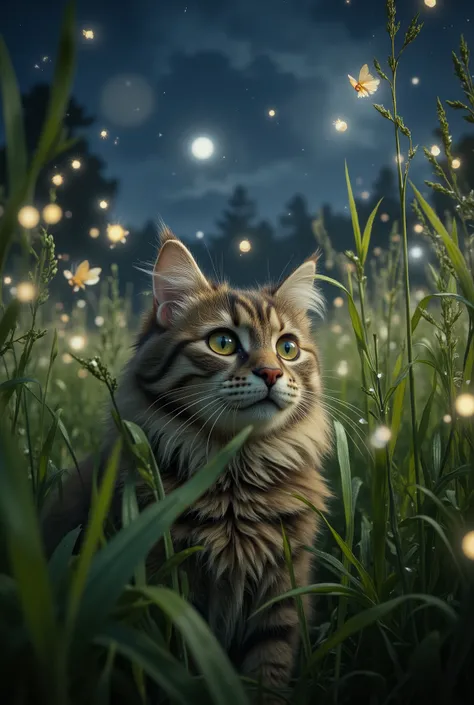 hyperrealistic photograph of a majestic Fluffy tabby cat at night, peeking through tall dew-covered grass, captivated by floating fireflies. The cat's eyes are wide, reflective and full of wonder. Dozens of bioluminescent fireflies are scattered throughout...