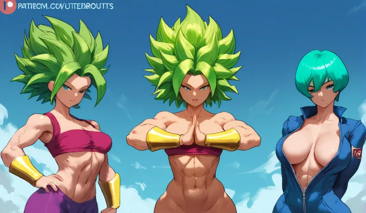 a cartoon image of a woman with green hair and a transparent blue jumpsuit, Kefla( Fusão Potara de Caulifla e Kale, Guerreiros Saiyajins) de Dragon Ball Super, gesto de pose pudica sexy , Mulher, Kefla, cutesexyrobutts, pose de lutador, personagem de king...