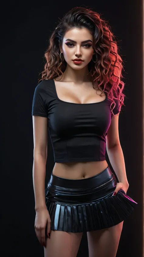 there a Persian woman standing, cyber punk style,long curly hair, 3 d neon art of a womans body, neon-noir background, cyberpunk femme fatale, seductive ,wearing Square Neck Short Sleeve Crop Top | Slim Fit Basic T-Shirt and low rise pleated mini skirt ...