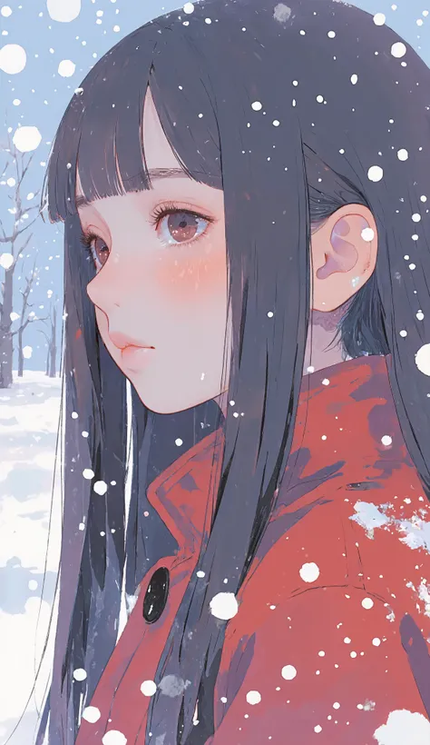 Anime Girl in red coat In the snow with long hair, SNOWING, In the snow, Beautiful Anime portrait, Beautiful Anime face, (Anime Girl), In the snow, cold, Beautiful Anime, soft animated illustration, profile of Anime Girl, extremely cute Anime Girl face, Be...