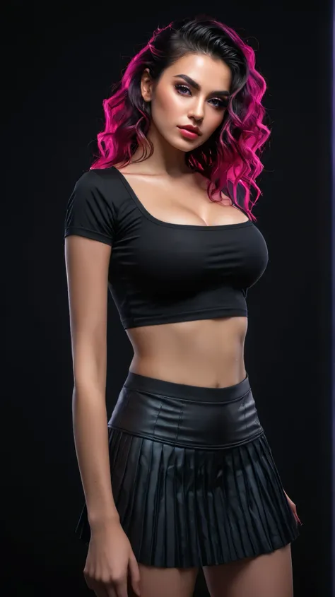 there a Persian woman standing, cyber punk style,long curly hair, 3 d neon art of a womans body, neon-noir background, cyberpunk femme fatale, seductive ,wearing Square Neck Short Sleeve Crop Top | Slim Fit Basic T-Shirt and low rise pleated mini skirt ...