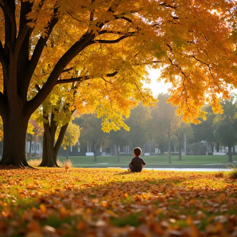 Little boy is playing under the tree in the city's riverside park。The leaves are slowly falling from the trees。They are autumn leaves。The park is decorated with autumn leaves。red、 Bright Yellow 、redと黄色の目立つ色、evergreen trees - all blending into one