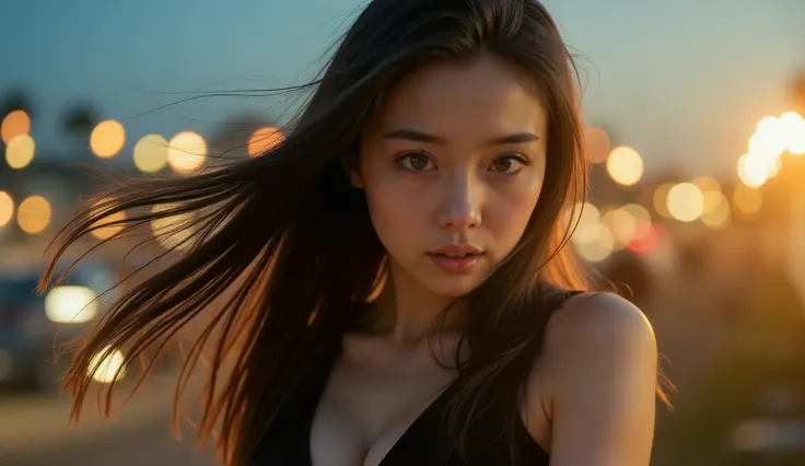 A beautiful young woman with long black hair blowing gently in the wind, wearing a sleeveless black top. The sunset light softly illuminates her face, creating a cinematic golden-hour glow. Background with blurred city lights bokeh and deep blue sky, emoti...