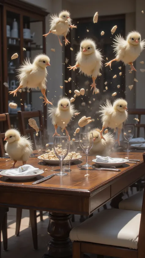 8K、high image quality、yellow chicks、flying around the dining table、scattering food、6 brothers