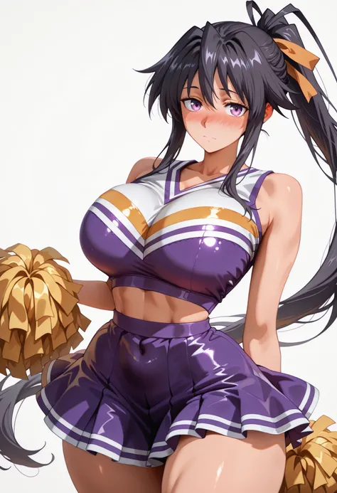 cowboy shot of ((large breast)), ((Thicc)), (()), (wide hips), 1girl, akeno himejima, long hair, black hair, ribbon, very long hair, purple eyes, hair ribbon, ponytail, antenna hair, looking at viewer, shiny skin, shiny hair, shiny body, clear body, nose b...