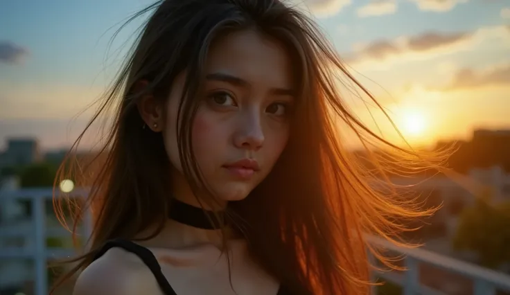 A beautiful young woman with long black hair blowing gently in the wind, wearing a sleeveless black top. The sunset light softly illuminates her face, creating a cinematic golden-hour glow. Background with blurred city lights bokeh and deep blue sky, emoti...