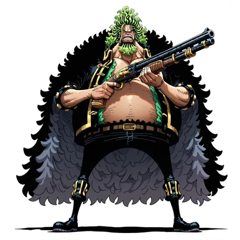 (male), (man), (short legs), (large arm), (very fat body), (green eyes), (green hair), beard, (giant body), (giant character), (serious face), (commanding pose), (holding one shotgun), (solo), (single character), (full body version), (white background), (n...