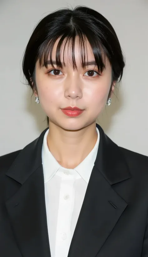 Neat Young Woman、looking at the camera、office lady suit、jacket、shirt、耳にピアス、、濃いアイメイク、、無表情、、face close-up、The background is office
