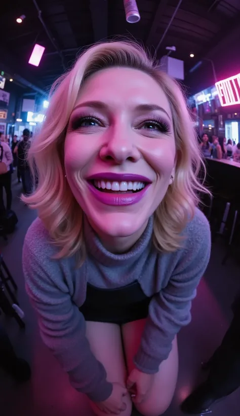 makeup, (Face-focus:2), (8mm Fisheye lens:2), fisheye curvature applied to her face eyes chin and lips, extreme wide-angle distortion, warped perspective, curved lines, 180° field of view, Cate Blanchett in a high angle face close-up, bright makeup, laughs...