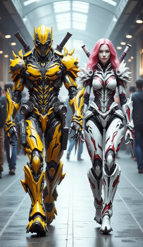 character: 1 young man with mask full head wearing yellow Deadpool venom Transformers monster body suit futuristic white accents, and 1 young woman pink hair Wearing futuristic white Deadpool venom Transformers monster body suit with red accents, white sk...