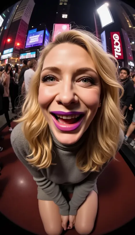 makeup, (Face-focus:2), (8mm Fisheye lens:2), fisheye curvature applied to her face eyes chin and lips, extreme wide-angle distortion, warped perspective, curved lines, 180° field of view, Cate Blanchett in a high angle face close-up, bright makeup, laughs...
