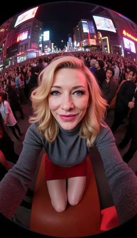 makeup, (Face-focus:2), (8mm Fisheye lens:2), fisheye curvature applied to her face eyes chin and lips, extreme wide-angle distortion, warped perspective, curved lines, 180° field of view, Cate Blanchett in a high angle face close-up, bright makeup, laughs...